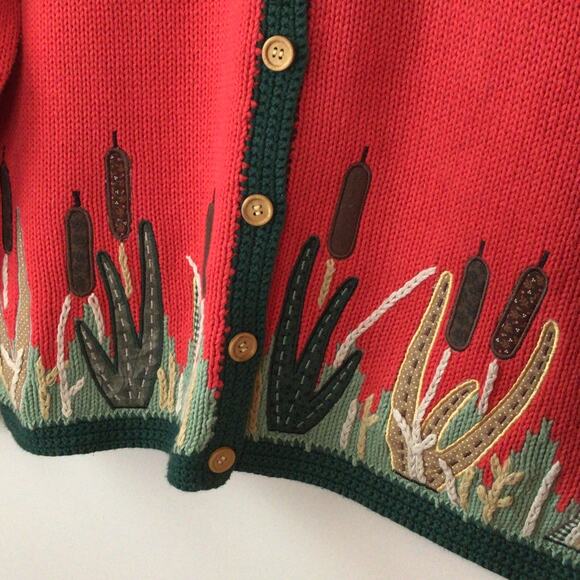 Orvis Vintage Red Flying Geese Sweater W/Green Trim, Cat Tails Cardigan Size XL - Picture 4 of 8